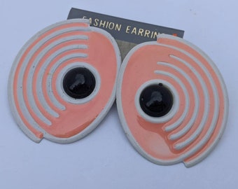 NEW Vintage Retro Peach White Enamel Geometric Spiral Black Eye Huge Statement Stud Earrings