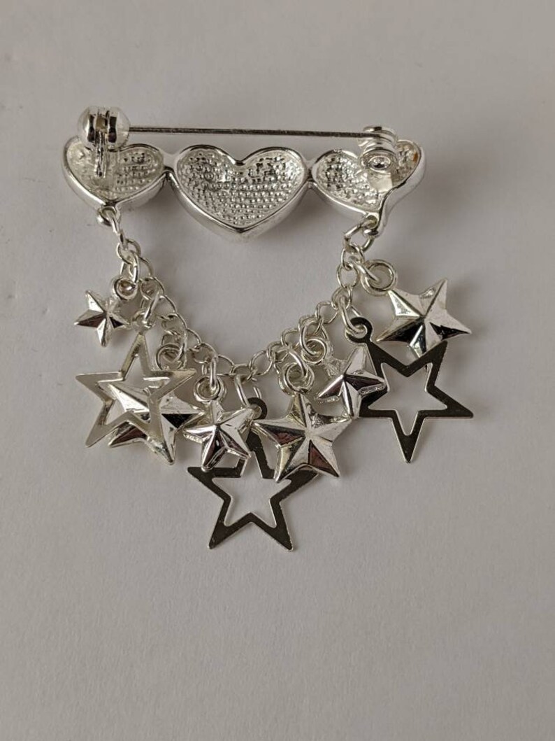 Vintage Silver Heart Star Bar Charm Chatelaine Brooch Pin
