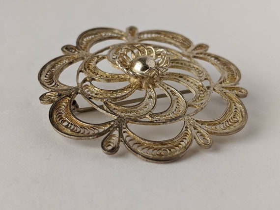 Vintage Artisan Silver Filigree Curled Wire Flowe… - image 4