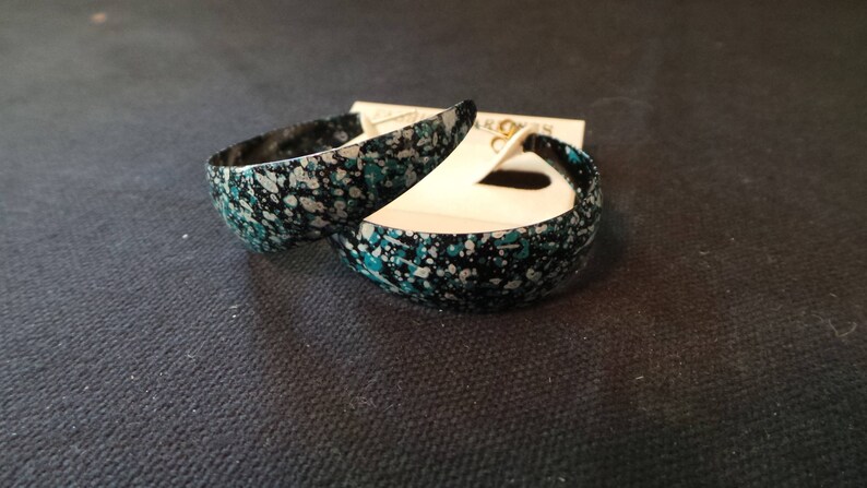 SALE NEW Vintage Deadstock Black Green And White Spatterware Giant Hoop Earrings