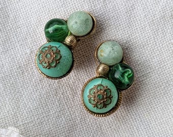 Vintage Green And Gold Bubble Beaded Clip On Earrings