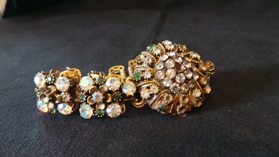 Gorgeous Vintage Gold Emerald Green Clear Rhinest… - image 2