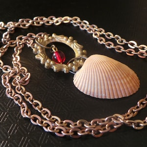 May include: A gold chain necklace with a seashell pendant. The pendant features a small red bead and a decorative metal frame.