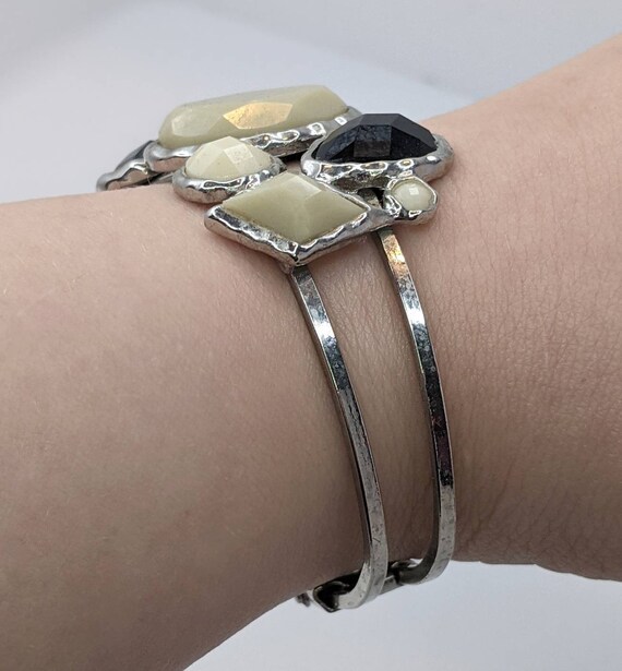 Silver Black And Beige Gem Vintage Clamper Bracel… - image 4
