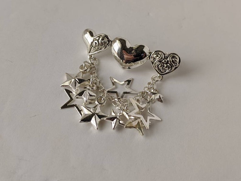 Vintage Silver Heart Star Bar Charm Chatelaine Brooch Pin