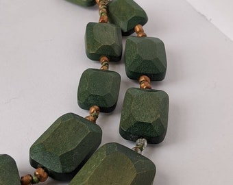 Vintage Dyed Green Wood Bead Multi Strand Geometric Statement Necklace