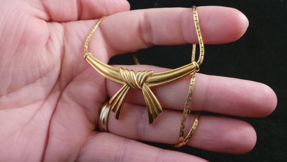 Vintage Victorian Gold Ribbon Bow Chain Choker Ne… - image 5