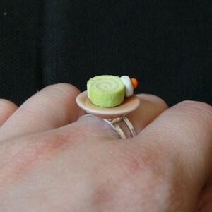 SALE Vintage Miniature Breakfast Pastry Sweets Adjustable Ring - Green Swirl Jelly Roll Pink China Plate