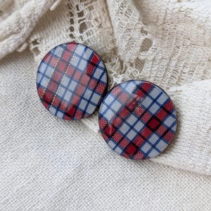 Vintage Blue And Red Plaid Button Stud Earrings