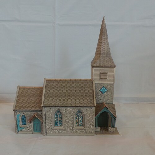 Huge Lot Of Vintage Cardboard Wood Paper Miniature Model Train Layout Houses shops Village NIB Schreiber Modell 72205 Train Station Church Store