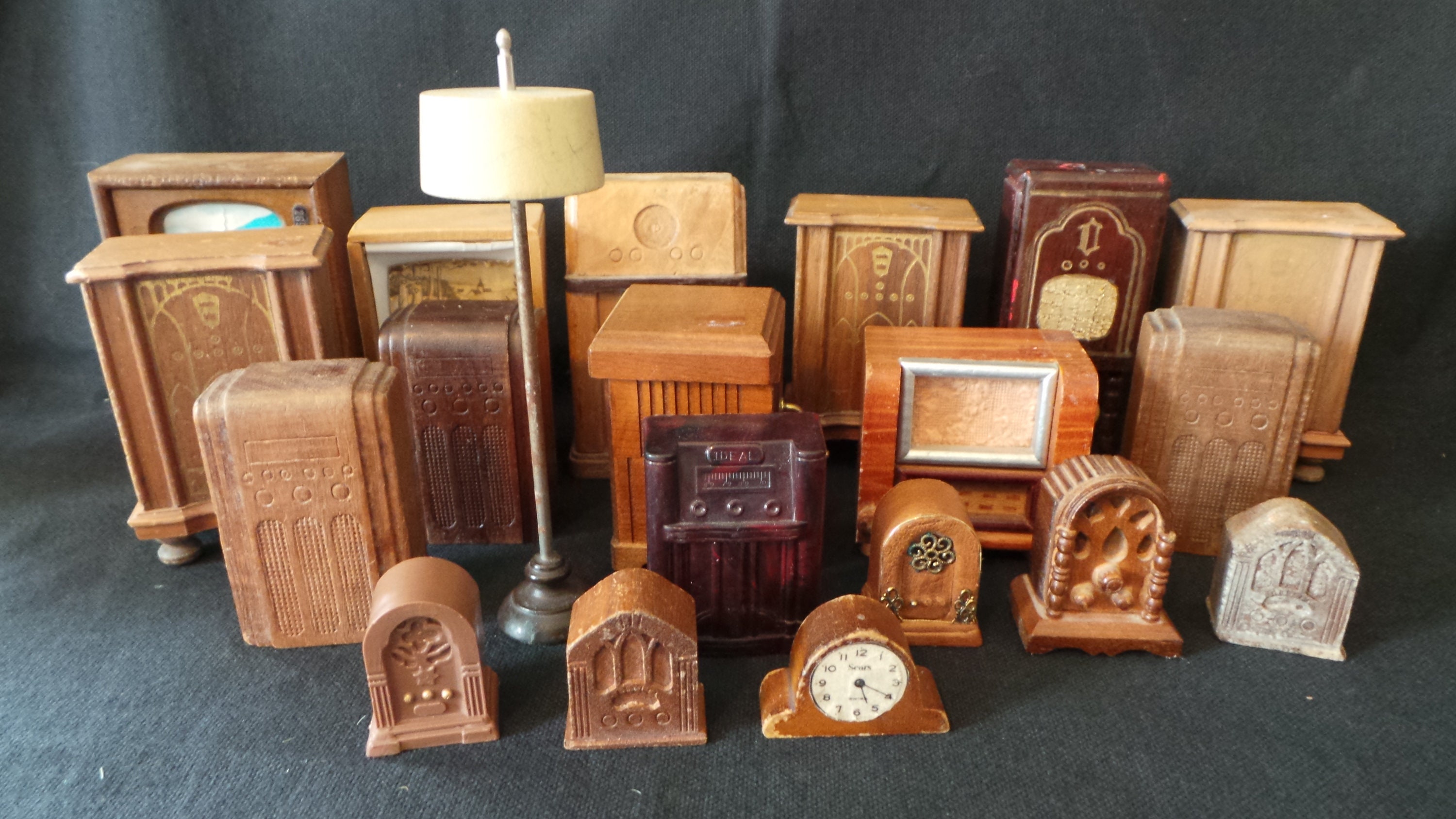 SALE HUGE Lot Antique Vintage Dollhouse Miniature Wood TV Television Radio Cabinet Clock Lamp Decor Furniture Fun And Games Brown Wood