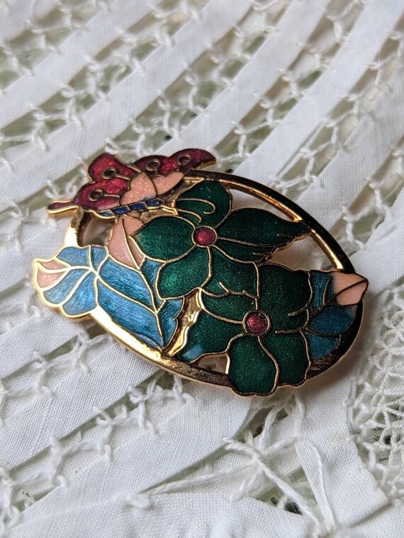 Vintage Enamel Butterfly Flower Garden Brooch Pin - image 4