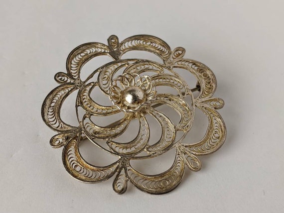 Vintage Artisan Silver Filigree Curled Wire Flowe… - image 2