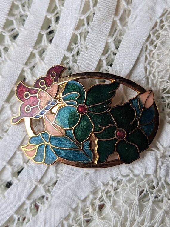 Vintage Enamel Butterfly Flower Garden Brooch Pin - image 2