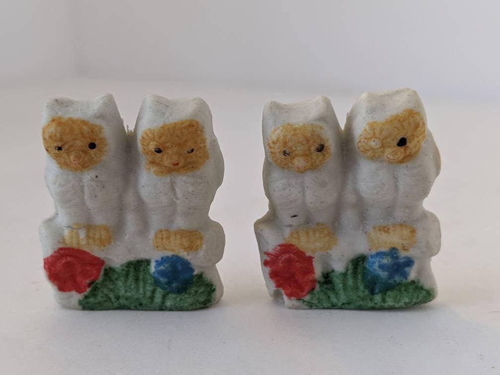 Lot Of 2 Vintage Matching Miniature Ceramic Owl Bird Figurines Japan