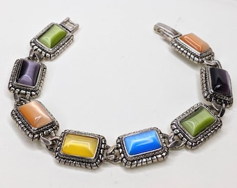 Rainbow Moonglow Cabochon Vintage Bracelet Silver Tone