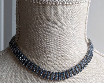 Vintage Pale Blue Rhinestone Three Row Chain Choker Necklace