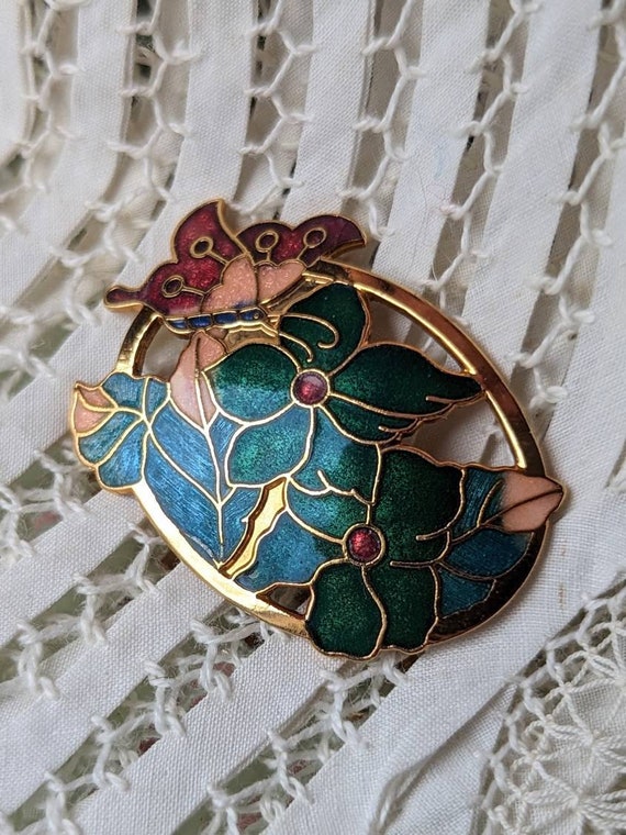 Vintage Enamel Butterfly Flower Garden Brooch Pin - image 3