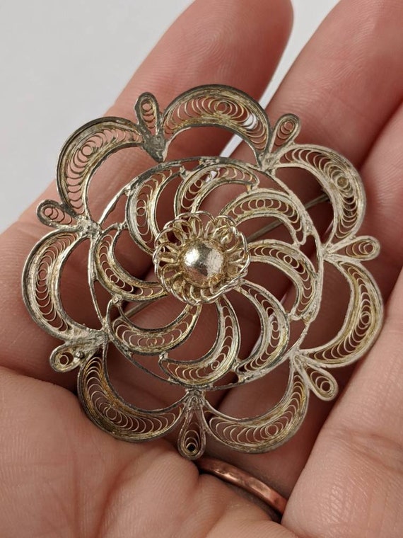 Vintage Artisan Silver Filigree Curled Wire Flowe… - image 5