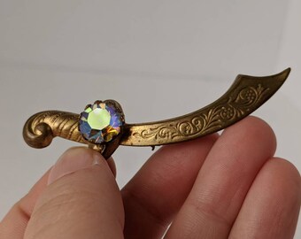 Vintage Antiqued Gold Jeweled AB Aurora Borealis Rhinestone Arabian Saber Sword Brooch Pin