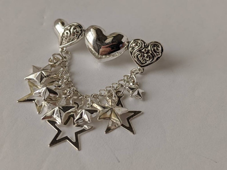 Vintage Silver Heart Star Bar Charm Chatelaine Brooch Pin