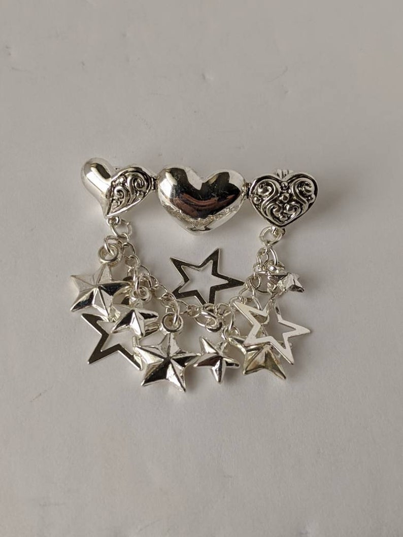 Vintage Silver Heart Star Bar Charm Chatelaine Brooch Pin