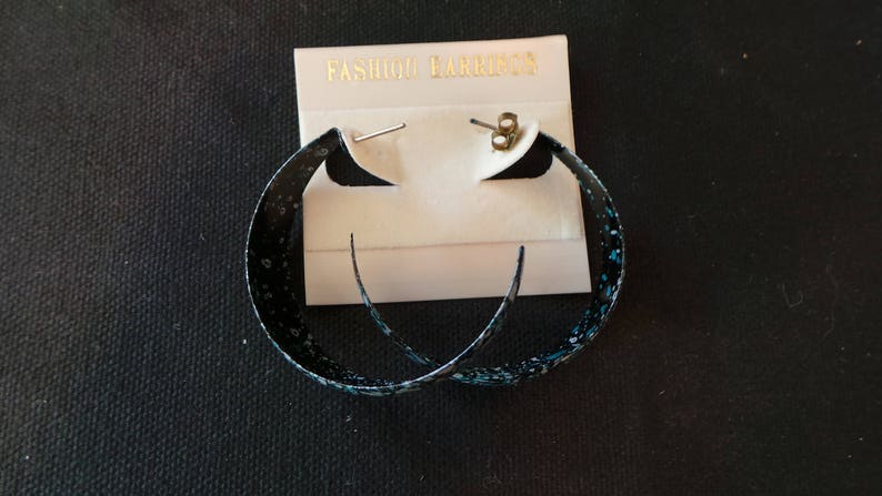 SALE NEW Vintage Deadstock Black Green And White Spatterware Giant Hoop Earrings