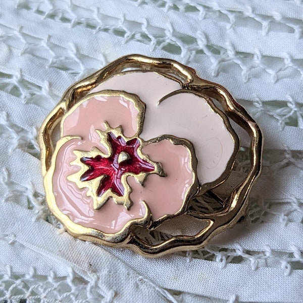 Vintage Pink And Gold Pansy Flower Brooch Pin