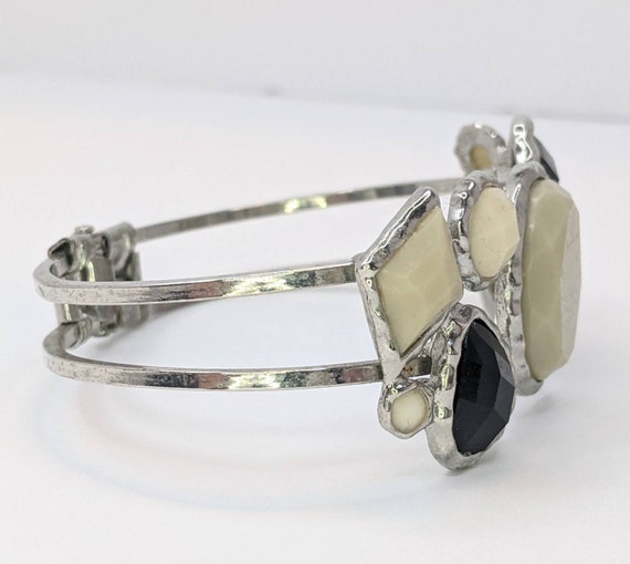 Silver Black And Beige Gem Vintage Clamper Bracel… - image 5