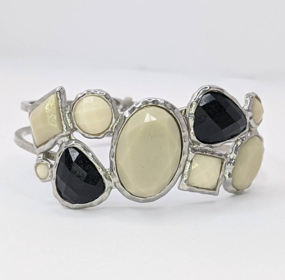 Silver Black And Beige Gem Vintage Clamper Bracel… - image 2
