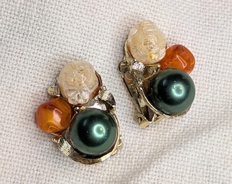 Vintage Gold Autumn Colors Cluster Clip On Earrings