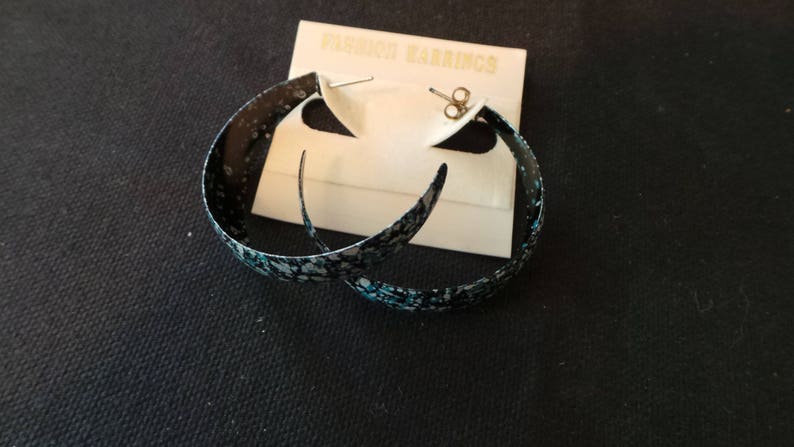 SALE NEW Vintage Deadstock Black Green And White Spatterware Giant Hoop Earrings