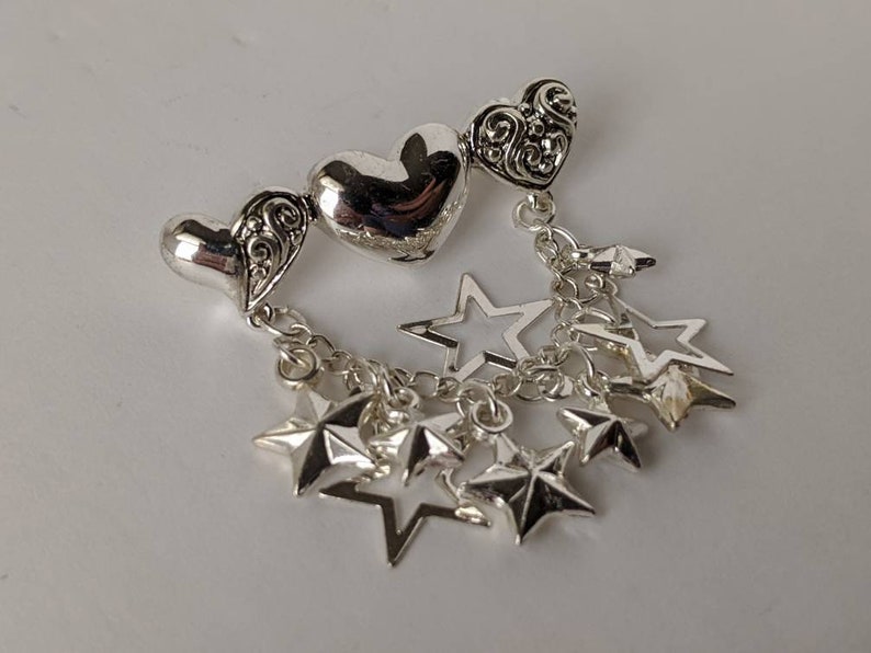Vintage Silver Heart Star Bar Charm Chatelaine Brooch Pin