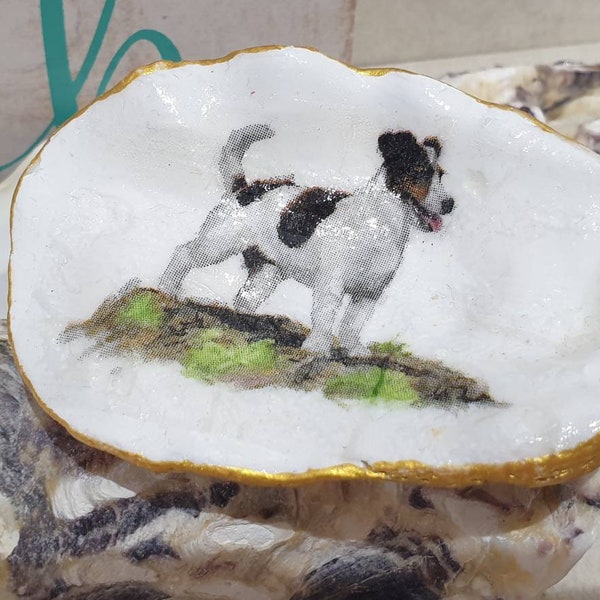 Jack Russell Terrier Dog 6cm Oyster Shell Trinket Jewellery Holder Gold Gifts Handmade Shells Dish Beach Ornament Decoration