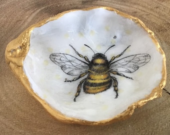 Bumble Bee Oyster Shell Trinket Jewellery Holder, Gold edges, gloss. Gifts for Her Dressing Table . Handmade by me , Whitstable Shells .