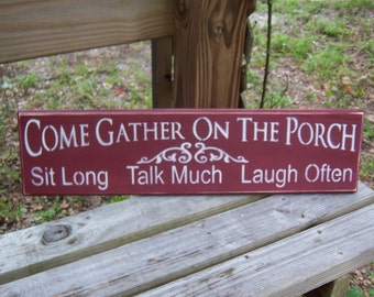 Gather on the Porch Sign in Colonial Red-Handpainted Wood Signs With Sayings-Porch Signs With Quotes-Wooden Porch Signs-Custom Wood Signs