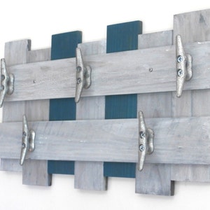 Beach Decor Towel Rack in Weathered Gray & Teal-Boat Cleat Towel Rack-Reclaimed Wood Towel Rack-Bathroom Towel Rack-Pallet Towel Rack image 1