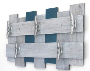 Beach Decor Towel Rack in Weathered Gray & Teal-Boat Cleat Towel Rack-Reclaimed Wood Towel Rack-Bathroom Towel Rack-Pallet Towel Rack