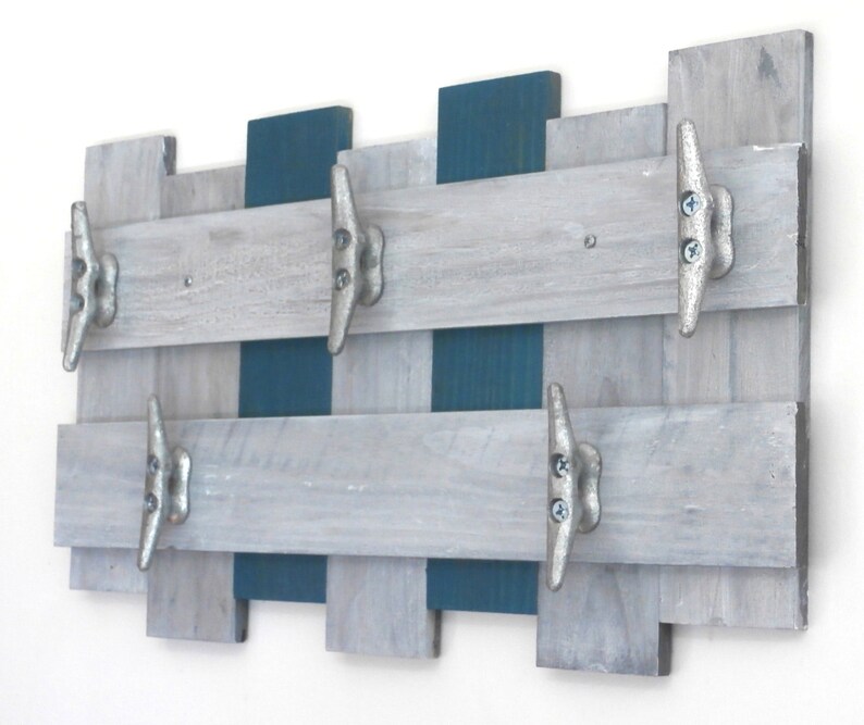 Beach Decor Towel Rack in Weathered Gray & Teal-Boat Cleat Towel Rack-Reclaimed Wood Towel Rack-Bathroom Towel Rack-Pallet Towel Rack image 1