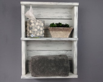 White Farmhouse Bathroom Shelf, Reclaimed Wood Towel Rack