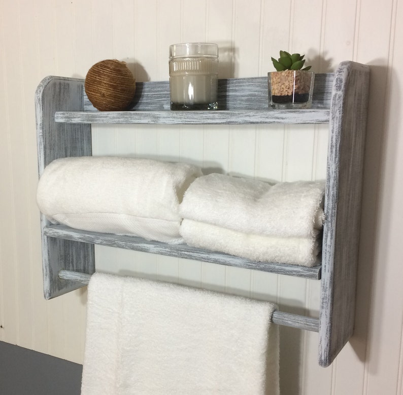 White Bathroom Shelves With Towel Bar, Farmhouse Kitchen Shelves ...
