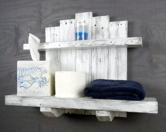 Reclaimed Wood Bathroom Shelf Over Toilet - White Distressed Finish