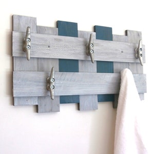 Beach Decor Towel Rack in Weathered Gray & Teal-Boat Cleat Towel Rack-Reclaimed Wood Towel Rack-Bathroom Towel Rack-Pallet Towel Rack image 2
