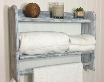 white bathroom shelves with towel bar, farmhouse kitchen shelves, rustic bathroom shelf with towel rod, rustic towel rack, white bathroom