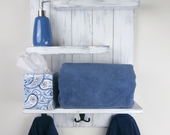 White Distressed Reclaimed Wood Bathroom Shelf with Towel Hooks