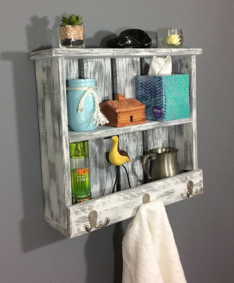 White rustic shelf with hooks bathroom shelf with towel Etsy