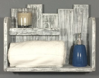 Reclaimed Wood Shelf, White Shabby Chic Bathroom Organizer