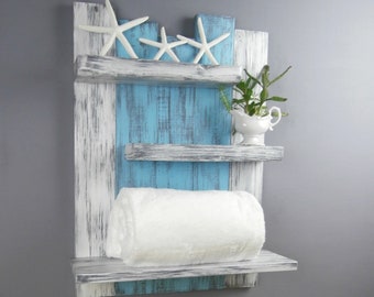 Coastal Bathroom Shelf – Reclaimed Wood Triple Tier, Above Toilet Decor