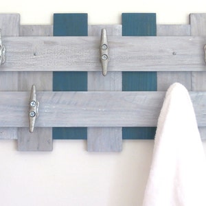 Beach Decor Towel Rack in Weathered Gray & Teal-Boat Cleat Towel Rack-Reclaimed Wood Towel Rack-Bathroom Towel Rack-Pallet Towel Rack image 3