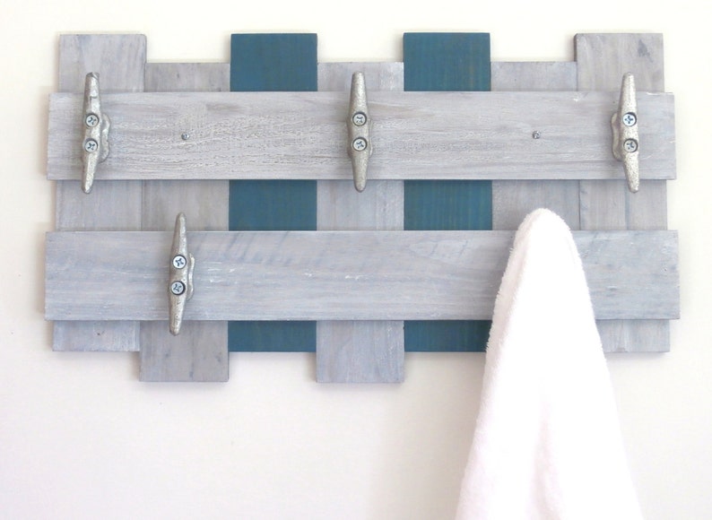 Beach Decor Towel Rack in Weathered Gray & Teal-Boat Cleat Towel Rack-Reclaimed Wood Towel Rack-Bathroom Towel Rack-Pallet Towel Rack image 3